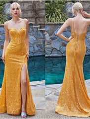Mermaid / Trumpet Evening Gown Elegant Dress Formal Prom Sweep / Brush Train Sleeveless Spaghetti Strap Sequined with Glitter Slit