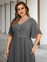 Aimishang A-Line Mother of the Bride Dresses Plus Size Hide Belly Curve Elegant Dress Formal Floor Length Short Sleeve V Neck Chiffon with Pleats Appliques