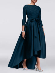 A-Line Mother of the Bride Dress Wedding Guest Elegant Plus Size High Low Jewel Neck Asymmetrical Satin Lace 3/4 Length Sleeve with Sash / Ribbon Appliques