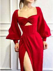 A-Line Evening Gown Sparkle & Shine Dress Party Wear Floor Length Long Sleeve Square Neck  Fabric with Pleats Ruched Slit