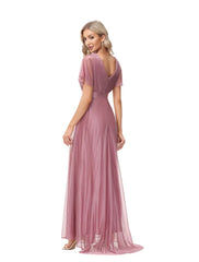 A-Line Evening Gown Dress Wedding Floor Length Short Sleeve V Neck Tulle with Ruched Ruffles