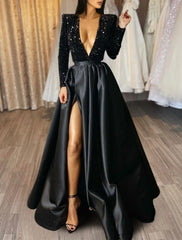 A-Line Evening Gown Red Green Dress Formal Black Dress Plus Size Wedding Court Train Half Sleeve V Neck Satin with Sequin Slit