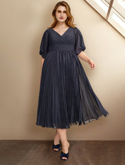 Aimishang A-Line Mother of the Bride Dresses Plus Size Hide Belly Curve Elegant Dress Formal Tea Length Short Sleeve V Neck Chiffon with Pleats