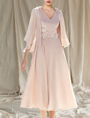Aimishang  Two Piece A-Line Mother of the Bride Dress Wedding Guest Church Elegant V Neck Tea Length Chiffon Sleeveless Wrap Included with Appliques
