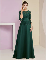 Aimishang  A-Line Mother of the Bride Dress Wedding Guest Elegant Scoop Neck Floor Length Stretch Chiffon 3/4 Length Sleeve with Lace Sequin Ruching
