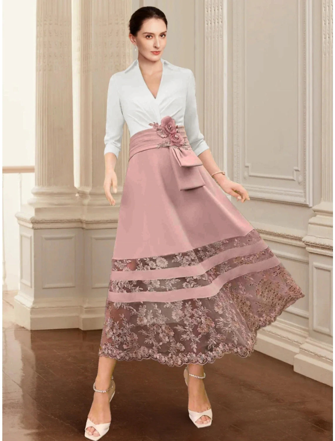 Aimishang  A-Line Mother of the Bride Dress Wedding Guest Elegant V Neck Ankle Length Stretch Chiffon 3/4 Length Sleeve with Lace Ruching Flower