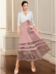 Aimishang  A-Line Mother of the Bride Dress Wedding Guest Elegant V Neck Ankle Length Stretch Chiffon 3/4 Length Sleeve with Lace Ruching Flower
