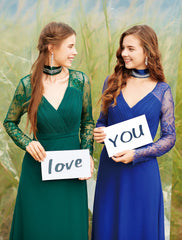 A-Line Evening Gown Elegant Dress Wedding Guest Formal Evening Floor Length Long Sleeve V Neck Chiffon with Sash / Ribbon Ruched Lace Insert