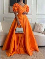 A-Line Evening Gown Elegant Dress Formal Prom Floor Length 3/4 Length Sleeve Sweetheart Satin with Ruched