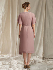 A-Line Mother of the Bride Dress Elegant Jewel Neck Knee Length Chiffon Short Sleeve with Sash / Ribbon Beading