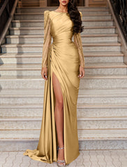 Mermaid / Trumpet Evening Gown Elegant Dress Wedding Guest Black Tie Sweep / Brush Train Long Sleeve Jewel Neck Satin with Ruched Slit