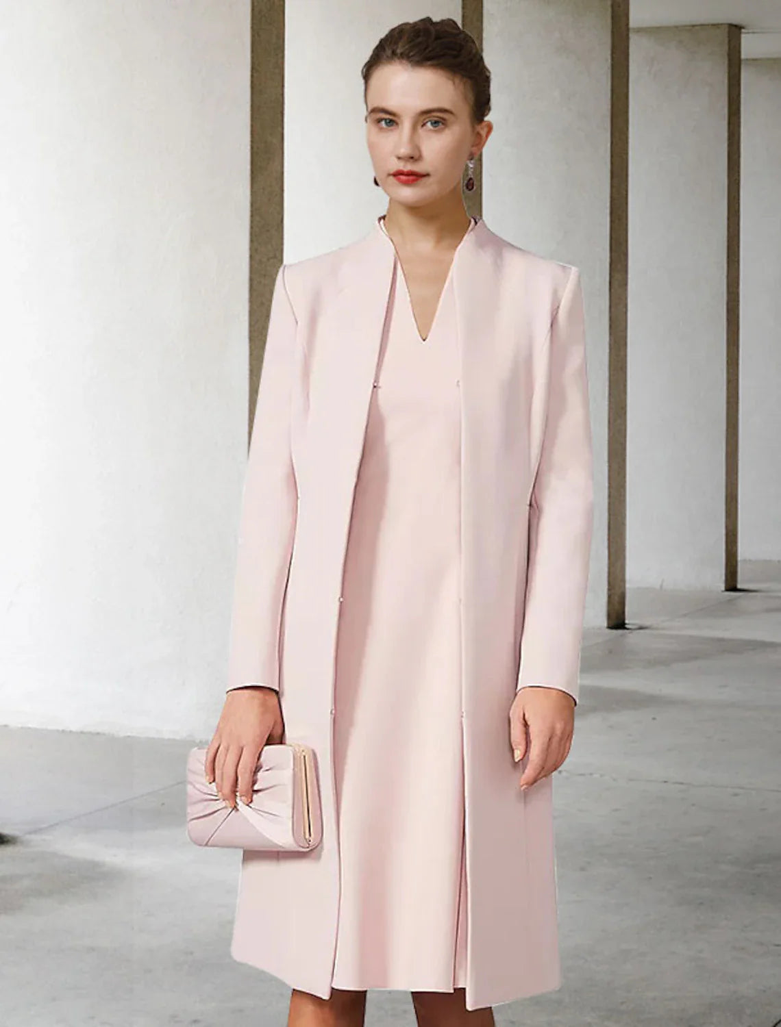 Aimishang Two Piece A-Line Mother of the Bride Dress Wedding Guest Church Elegant V Neck Knee Length Chiffon Short Sleeve Jacket Dresses with Solid Color Fall