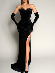 Wholesa Mermaid / Trumpet Evening Gown Vintage Dress Formal Masquerade Sweep / Brush Train Sleeveless Strapless Black Dress Velvet with Ruched Slit No With Gloves