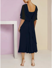 Aimishang Sheath / Column Mother of the Bride Dress Wedding Guest Simple Elegant Scoop Neck Tea Length Chiffon Short Sleeve with Ruching Solid Color