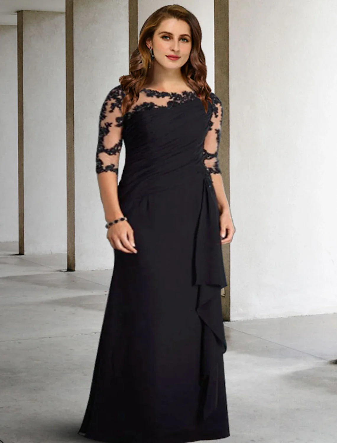 Aimishang  A-Line Mother of the Bride Dresses Plus Size Hide Belly Curve Elegant Fall Wedding Guest Dress Formal Floor Length Half Sleeve Jewel Neck Chiffon with Pleats Ruched Appliques
