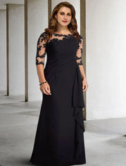 Aimishang  A-Line Mother of the Bride Dresses Plus Size Hide Belly Curve Elegant Fall Wedding Guest Dress Formal Floor Length Half Sleeve Jewel Neck Chiffon with Pleats Ruched Appliques