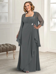 Aimishang  Two Piece A-Line Mother of the Bride Dress Fall Wedding Guest Dresses Plus Size Elegant Square Neck Floor Length Chiffon Sleeveless Jacket Dresses with Pleats