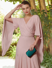 Aimishang  A-Line Mother of the Bride Dress Formal Wedding Guest Elegant V Neck Floor Length Chiffon Long Sleeve with Pleats