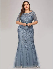 Aimishang Mermaid / Trumpet Empire Elegant Party Wear Formal Evening Dress Jewel Neck Short Sleeve Floor Length Tulle with Embroidery