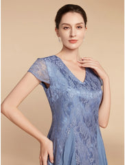 Aimishang  A-Line Mother of the Bride Dress Wedding Guest Elegant Petite V Neck Knee Length Chiffon Lace Short Sleeve with Ruching Solid Color