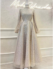 A-Line Evening Gown Elegant Dress Formal Ankle Length Long Sleeve High Neck Sequined with Glitter Pleats