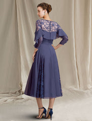 Aimishang A-Line Mother of the Bride Dress Elegant Jewel Neck Tea Length Chiffon 3/4 Length Sleeve with Pleats Sequin Ruffles