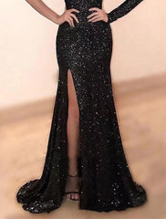 Mermaid / Trumpet Prom Dresses Maxi Dress Wedding Guest Party Wear Sweep / Brush Train Long Sleeve One Shoulder Sequined with Sequin Slit