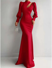 Mermaid Evening Gown Elegant Dress Formal Red Green Dress Sweep / Brush Train Long Sleeve High Neck Satin with Ruched