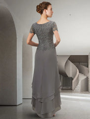 Aimishang  A-Line Mother of the Bride Dress Elegant High Low Jewel Neck Asymmetrical Floor Length Chiffon Lace Short Sleeve with Appliques Cascading Ruffles