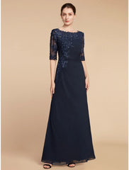 Aimishang  Sheath / Column Mother of the Bride Dress Wedding Guest Elegant Scoop Neck Ankle Length Chiffon Lace Half Sleeve with Sequin Ruching Solid Color