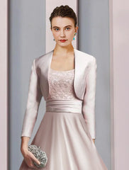 Wholesa Two Piece A-Line Mother of the Bride Dress Formal Church Party Elegant Scoop Neck Tea Length Satin Lace Half Sleeve with Appliques Ruching