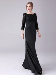 Mermaid / Trumpet Mother of the Bride Dress Plus Size Elegant Jewel Neck Floor Length Stretch Satin 3/4 Length Sleeve with Lace