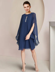 Aimishang A-Line Mother of the Bride Dress Wedding Guest Elegant Petite Jewel Neck Knee Length Chiffon Long Sleeve with Crystals Ruffles