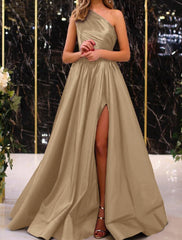 Aimishang A-Line Evening Gown Elegant Dress Wedding Guest Engagement Floor Length Sleeveless One Shoulder Satin with Pleats Slit