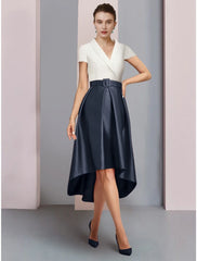 Aimishang A-Line Mother of the Bride Dress Wedding Guest Elegant Petite V Neck Asymmetrical Satin Short Sleeve with Ruching
