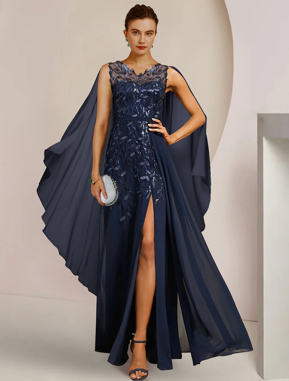 Aimishang  A-Line Mother of the Bride Dress Formal Wedding Guest Elegant V Neck Floor Length Chiffon Sequined Sleeveless with Appliques Split Front