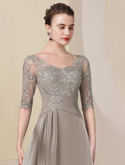 Aimishang Two Piece A-Line Mother of the Bride Dress Formal Wedding Guest Elegant High Low V Neck Asymmetrical Tea Length Chiffon Lace Half Sleeve Wrap Included with Ruched Appliques