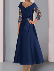 Aimishang  A-Line Mother of the Bride Dress Wedding Guest Elegant Petite V Neck Tea Length Satin Lace 3/4 Length Sleeve with Bow(s) Crystal Brooch Ruching