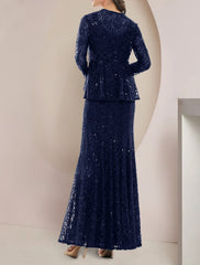 Aimishang Two Piece A-Line Mother of the Bride Dress Formal Wedding Guest Elegant Scoop Neck Floor Length Lace Long Sleeve with Sequin Crystal Brooch