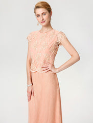 Aimishang Sheath / Column Mother of the Bride Dress Formal Vintage Inspired Jewel Neck Ankle Length Chiffon Beaded Lace Short Sleeve No with Lace Beading