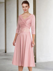 A-Line Mother of the Bride Dress Vintage Elegant V Neck Tea Length Satin Lace Half Sleeve with Appliques Side-Draped