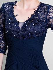 Aimishang A-Line Mother of the Bride Dress See Through V Neck Floor Length Chiffon Lace Half Sleeve No with Lace Beading