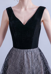 Black V-Neck Velvet Long Prom Dresses, Black Evening Dress