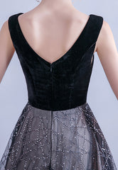 Black V-Neck Velvet Long Prom Dresses, Black Evening Dress