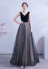Black V-Neck Velvet Long Prom Dresses, Black Evening Dress