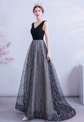 Black V-Neck Velvet Long Prom Dresses, Black Evening Dress