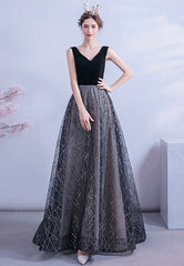 Black V-Neck Velvet Long Prom Dresses, Black Evening Dress
