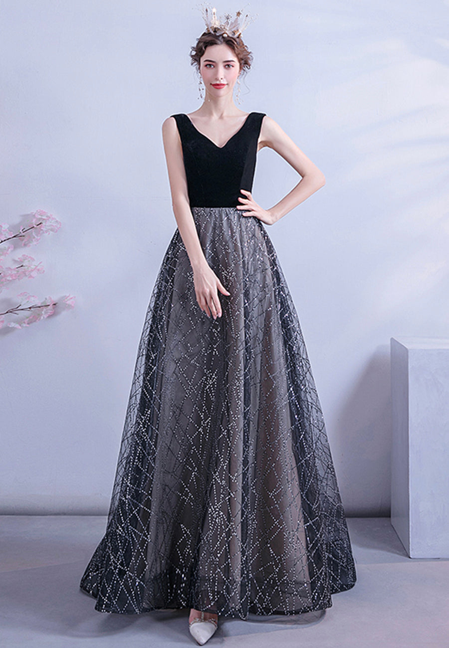 Black V-Neck Velvet Long Prom Dresses, Black Evening Dress