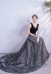 Black V-Neck Velvet Long Prom Dresses, Black Evening Dress
