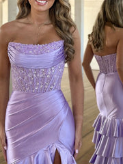 Mermaid Satin Lace Purple Long Prom Dress, Purple Long Formal Dress